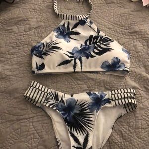 High neck blue and white floral bikini